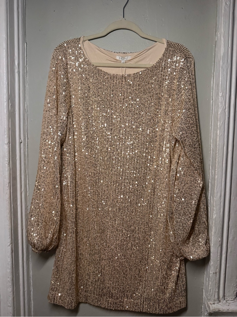 Z Supply Andromeda Sequin Mini Dress Champagne Statement Sleeves Sz L